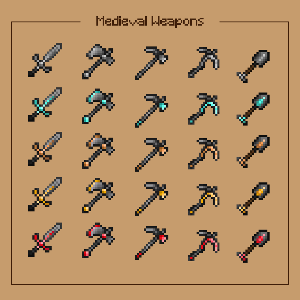 ora_tron_design's tweet photo. Weapon⚔️ items from Medieval Texture Pack

by #OraTronDesign 

#minecraft #pixelart #minecraftitems #itemspack #texturepack #armor #weapons #weaponsitem #medieval #weaponpixelart #pickaxe #axe #sword #shovel https://t.co/j31JO004gt