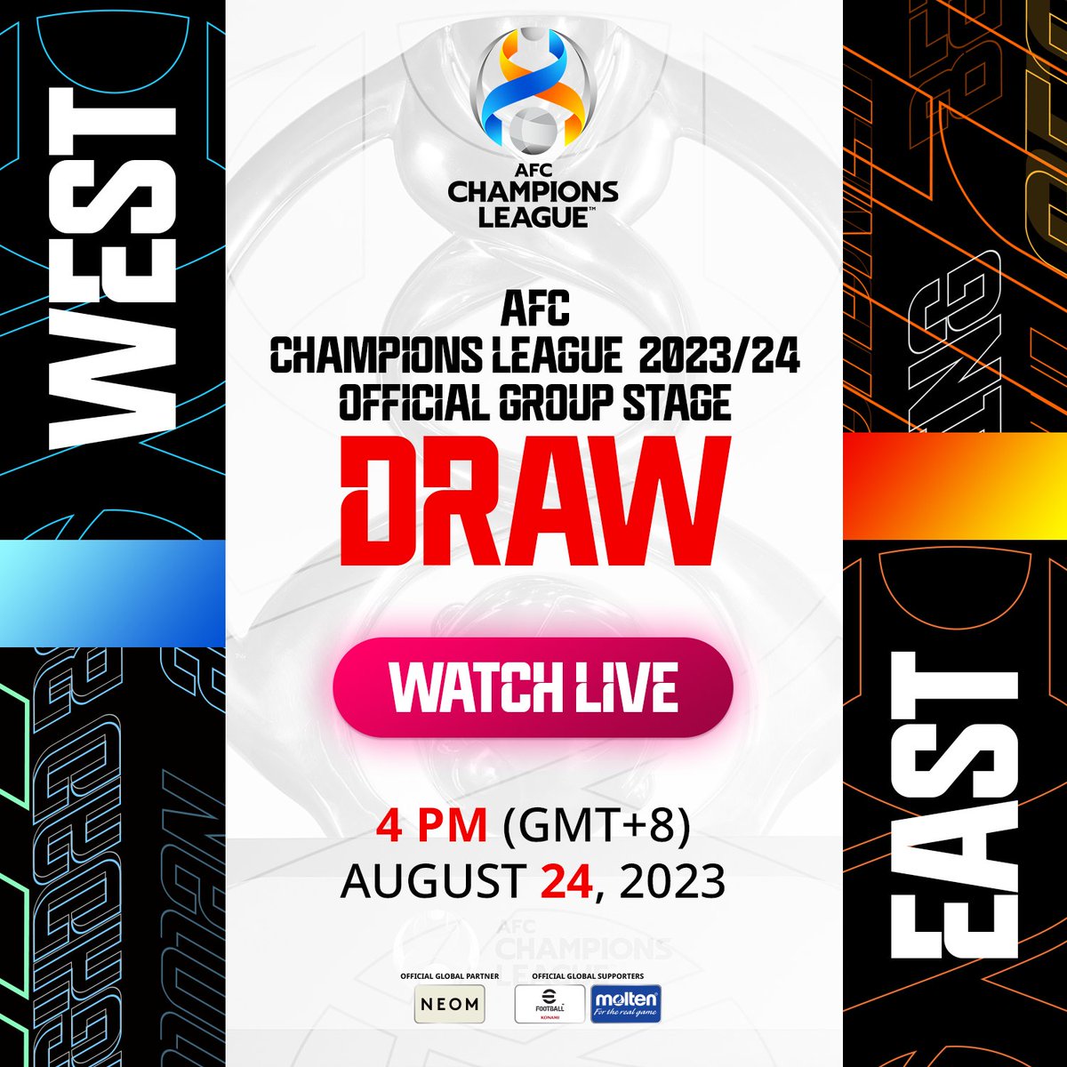 TheAFCCL's tweet photo. 𝟭 𝗛𝗢𝗨𝗥 𝗧𝗢 𝗚𝗢
Almost time for 2023/24 #ACL Group Stage Draw!
Watch it LIVE 📺 https://t.co/tv4HFZsCs4 https://t.co/qJg2fnSvxQ