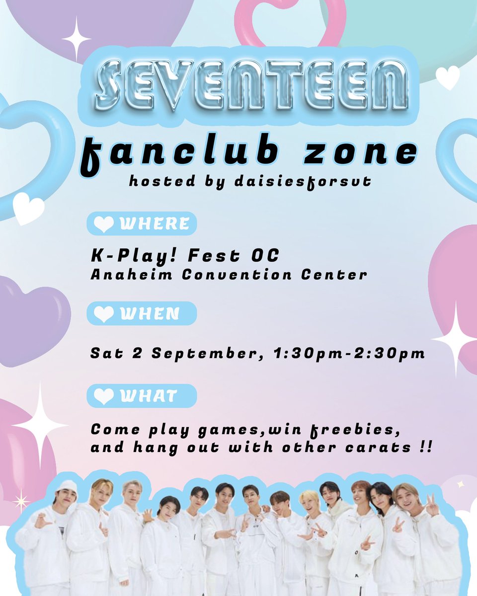 💎🫧 Calling all #Carats!!🫧💎

I’m teaming up with <a href="/kplayfest/">K-PLAY! FEST | 케이-플레이! 페스트</a> to host a SVT fanclub zone for K-Play! Fest OC 2023 🥳🤗

If you have a day 1 ticket, stop by the fanclub booth from 1:30-2:30 to play games, win freebie prizes, and hang out with other carats!

#kplayfest #SEVENTEEN