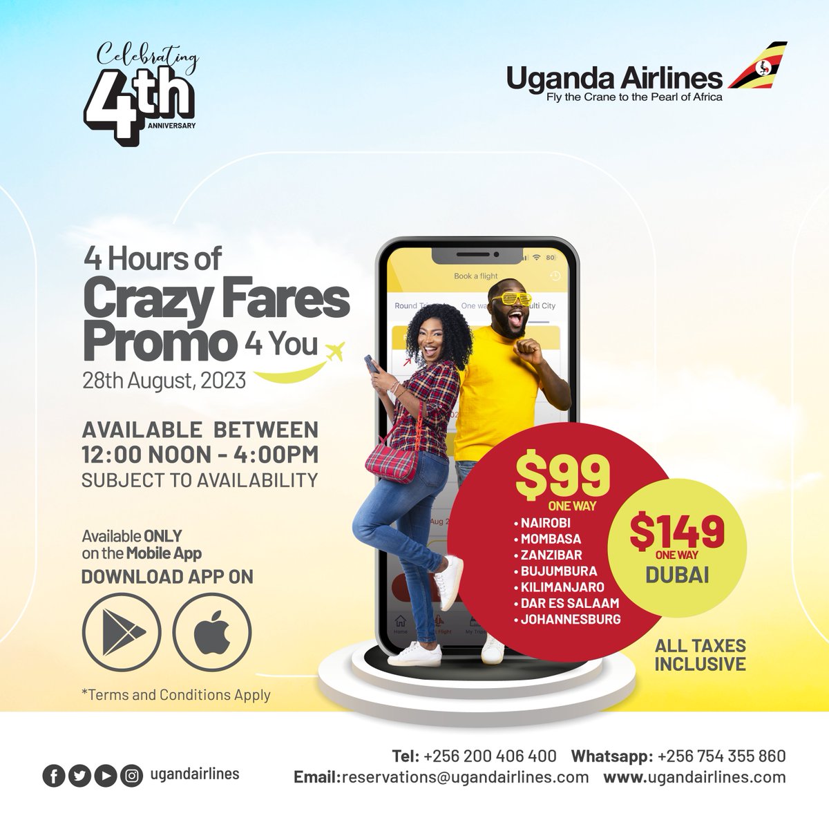 UG_Airlines's tweet photo. Enjoy crazy deals as we celebrate #ugandaairlinesat4 on 28th August 2023. Download the #UgandaAirlinesApp to enjoy the offers… Now available on #Googleplayestore and #AppStore https://t.co/dE7isBJMHp