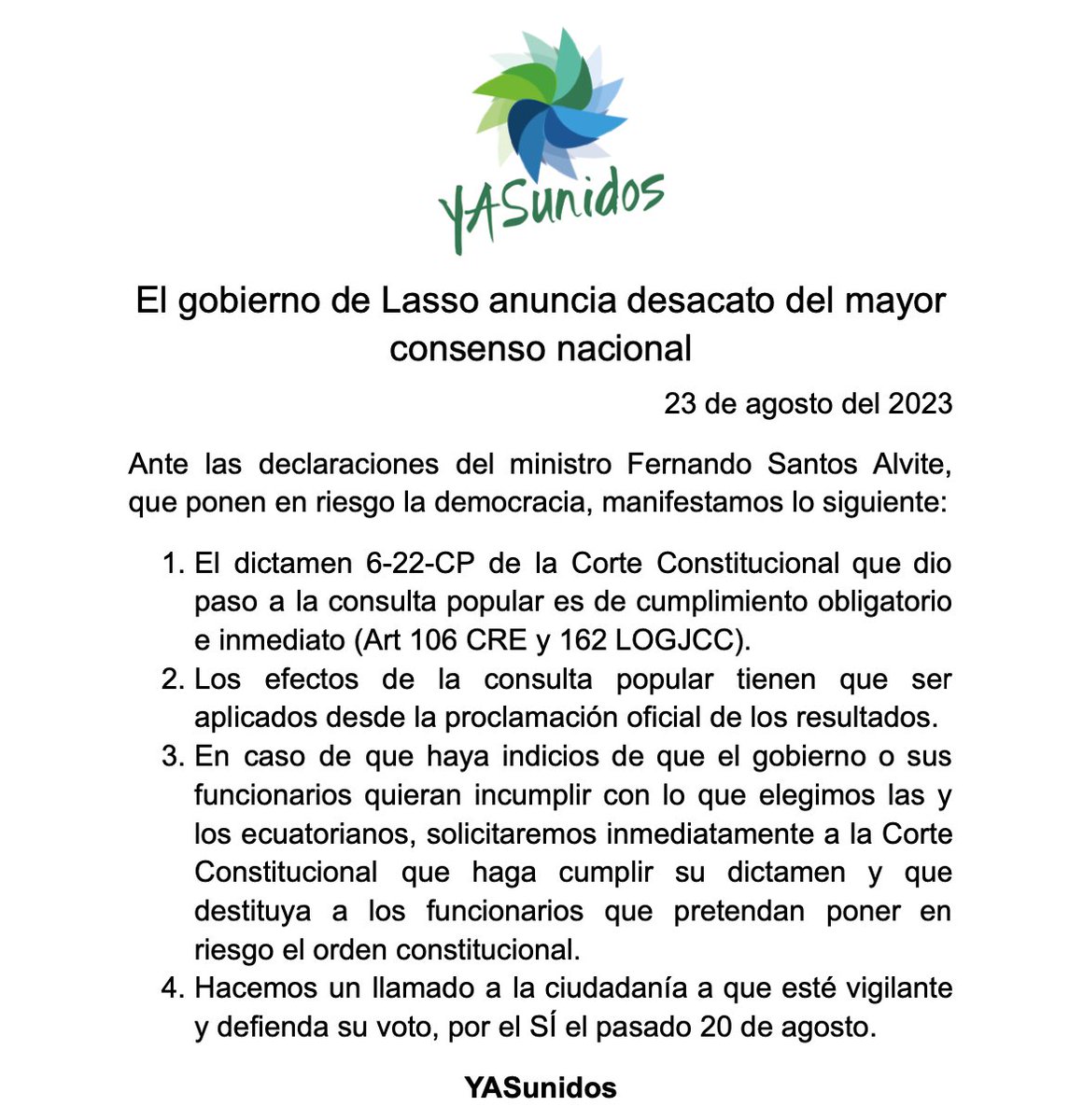Nos pronunciamos ante las desafortunadas declaraciones del ministro de @RecNaturalesEC, sobre un posible desacato del mayor consenso nacional.