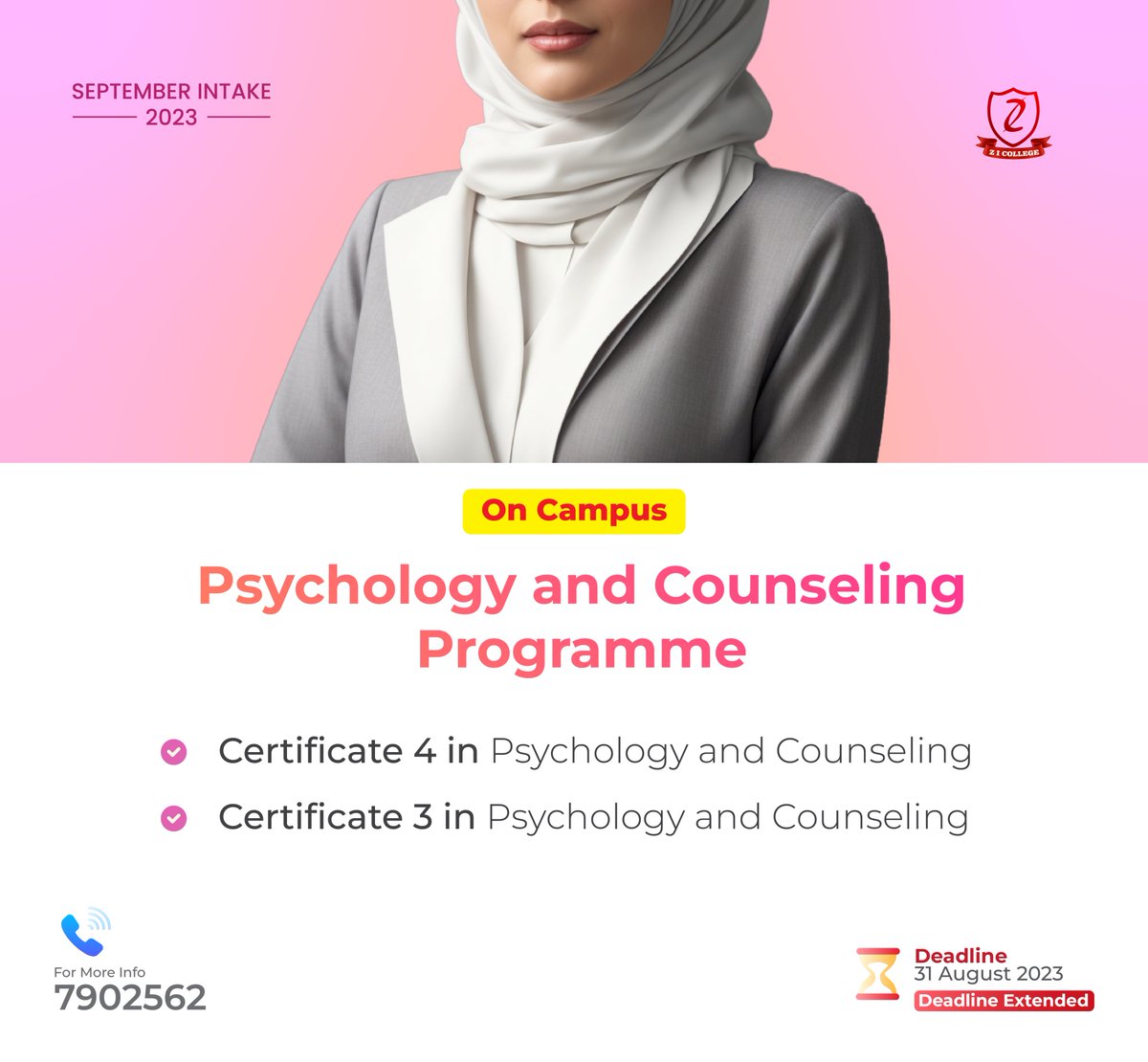 September 2023 Intake Deadline Extended! 🚀
Ready to kickstart your education journey? The deadline of our programs for September 2023 intake has been extended! Don't miss this chance to join our esteemed institution and shape a brighter future.

📅 Extended Deadline: August 31,
