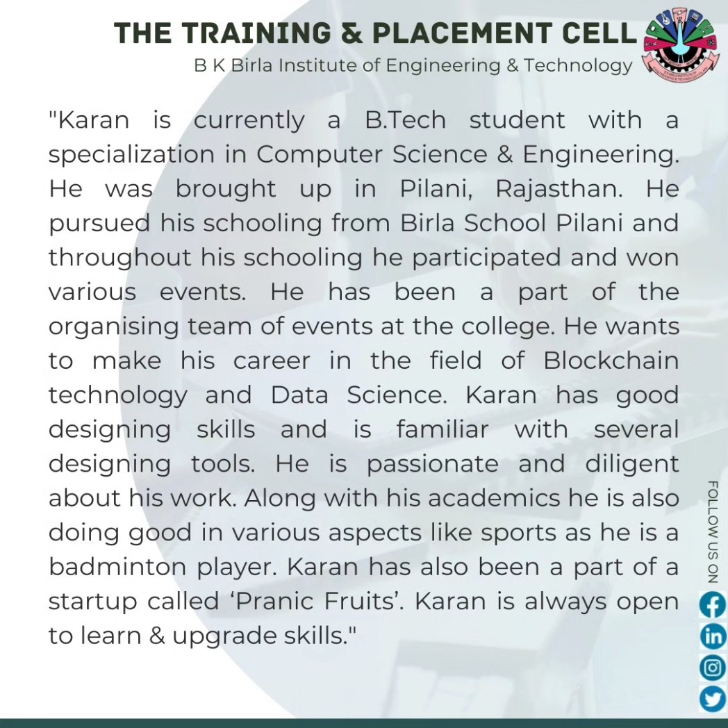 TBkbiet's tweet photo. Welcome Karan, the newest member of the prestigious Student Coordinators Team at the Training and Placement Cell, BKBIET. Our pursuit of excellence will be fuelled by his extraordinary knowledge and unflinching dedication.
Swipe left to see more...
#placementteam https://t.co/EMiUbjJsvS