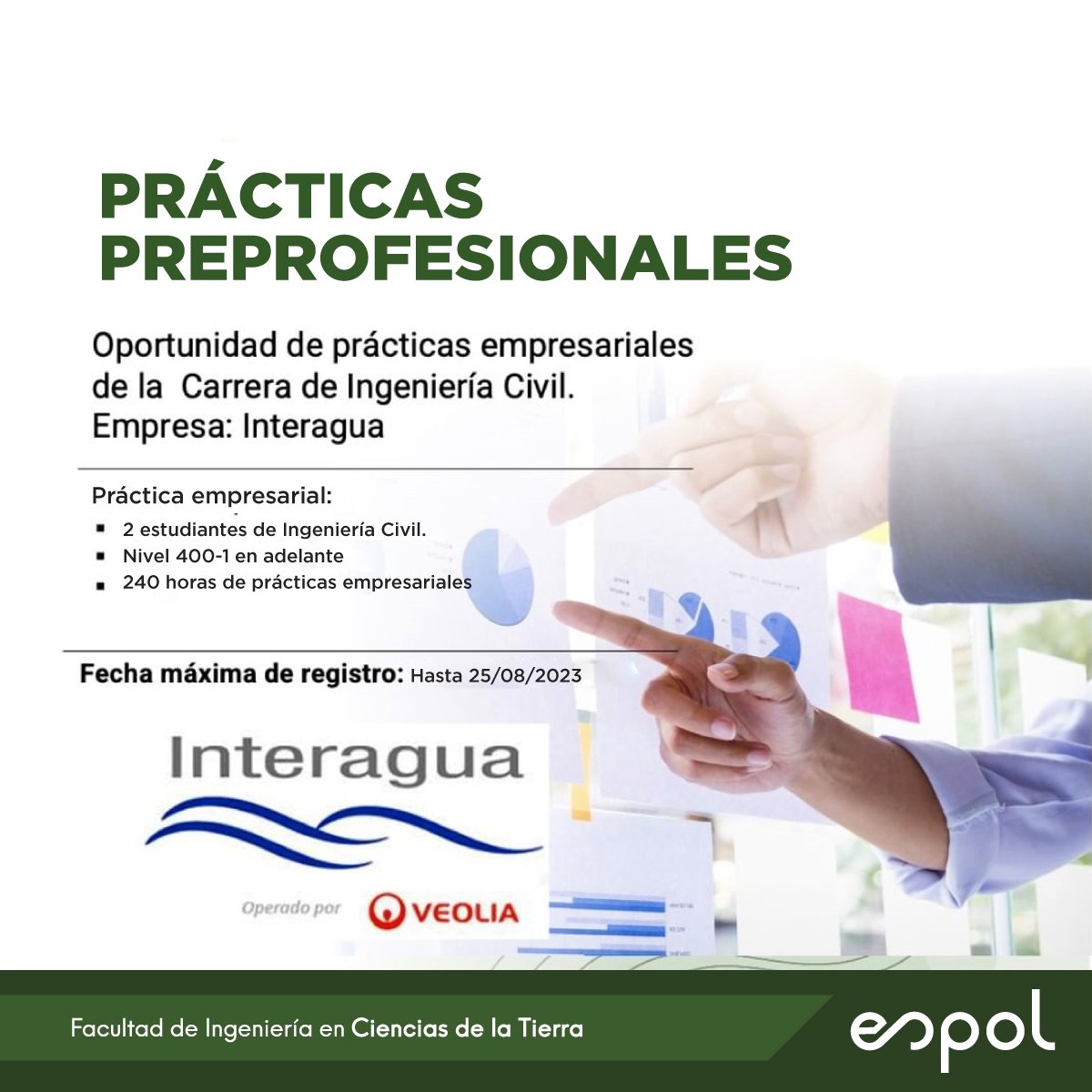 #PrácticasPreprofesionales |Se requiere para la empresa <a href="/interagua/">Interagua C. Ltda</a>

Realiza tus Prácticas Preprofesionales Empresariales de 𝐈𝐧𝐠𝐞𝐧𝐢𝐞𝐫𝐢́𝐚 𝐂𝐢𝐯𝐢𝐥-𝐄𝐒𝐏𝐎𝐋

Registro:▶bit.ly/45iwKK9

🗓 Fecha máxima de registro:25/08/23
*Los estudiantes deben manejar Autocad