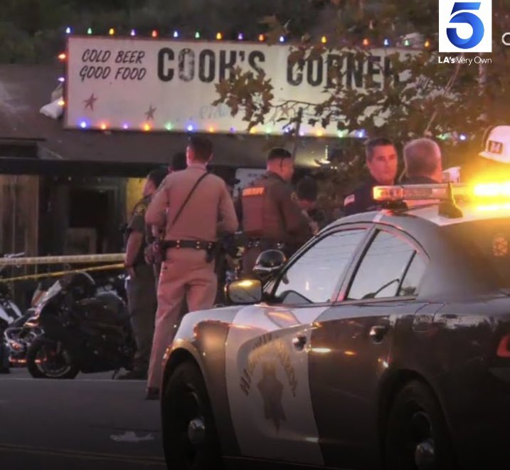 inminivanhell's tweet photo. Mass shooting at Cook’s Corner, popular biker bar/restaurant in Trabuco Canyon, CA. Tonight was their popular spaghetti night.

Unconfirmed reports from residents: 
5 dead, 6 transported, shooter may be retired local cop/sheriff and may have started with him shooting his wife. https://t.co/dOOqN8CS3V