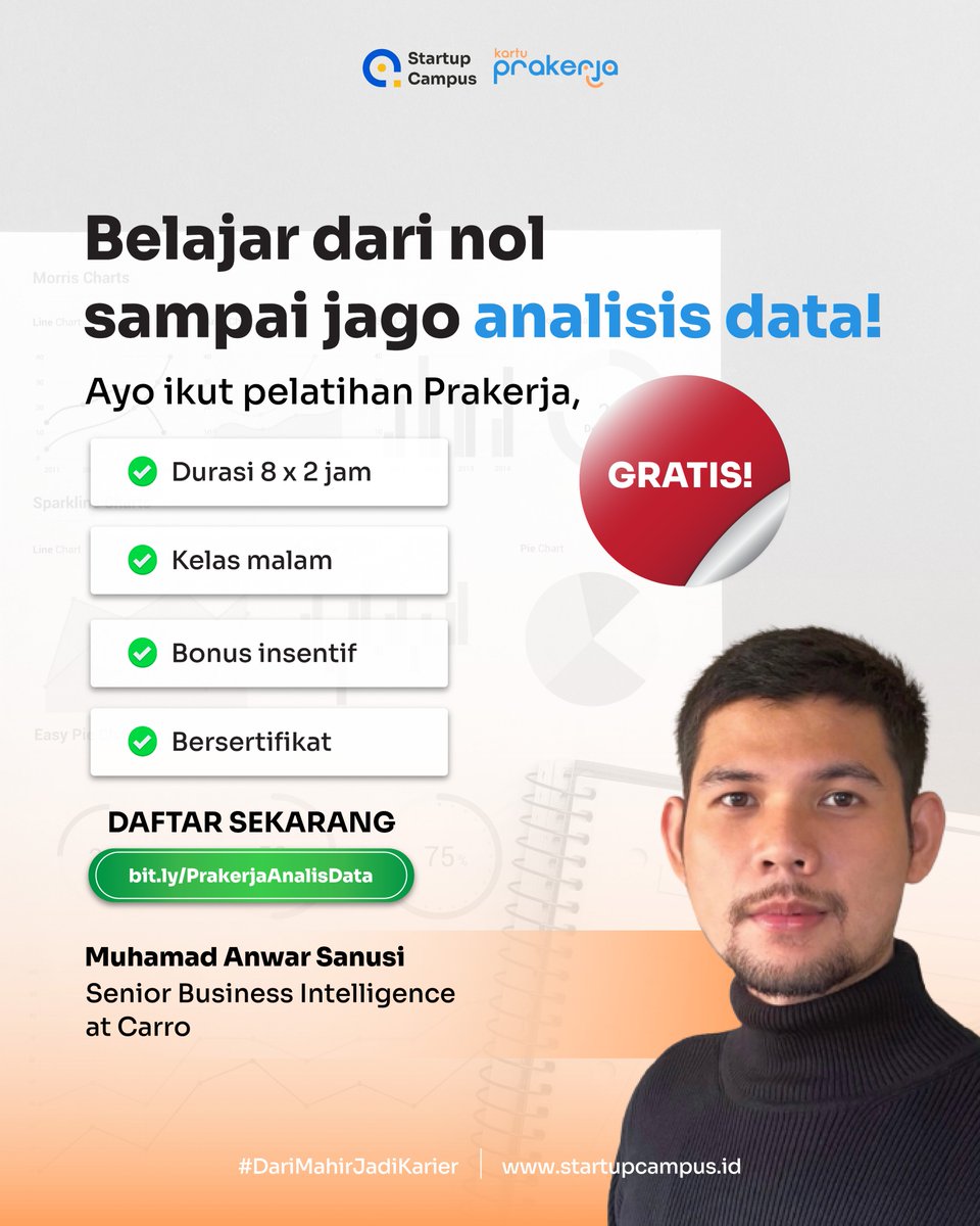 startupcampusid's tweet image. Good news! Kelas Prakerja Digital Analitik Startup Campus sudah tersedia di PINTAR ✨

Yuk kejar karier jadi Data Analyst mulai dari sini.
Kunjungi bit.ly/PrakerjaDataAn… untuk membeli kelasnya dengan saldo Prakerja yaa😊

#KelasPrakerja #Prakerja #programprakerja