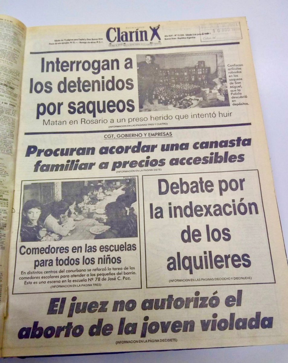 marianoobarrio's tweet photo. La Argentina es circular. Si no lo crees, mirá la tapa del 2 de junio de 1989 de Clarin. Los temas son los mismos, los conflictos son idénticos. No aprendemos más, un país que no avanza. Y vamos de gobiernos ineptos y desequilibrados de izquierda a los mismos de derecha https://t.co/MYCDEGqKmk