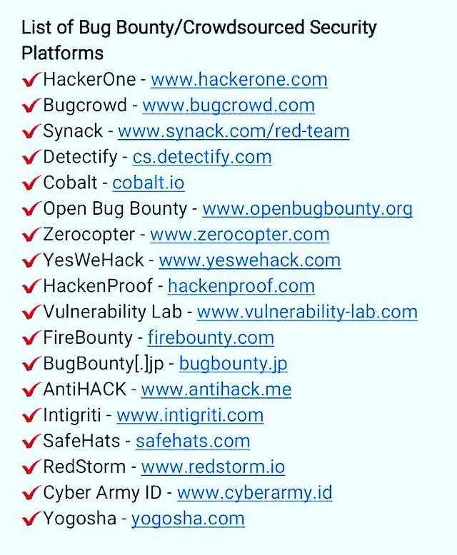 hackinarticles's tweet photo. Bug Bounty Platforms

#infosec #cybersecurity #pentesting #redteam #informationsecurity #CyberSec #networking #networksecurity #infosecurity #cyberattacks #security #linux #cybersecurityawareness #bugbounty #bugbountytips https://t.co/m35hQxsUWu