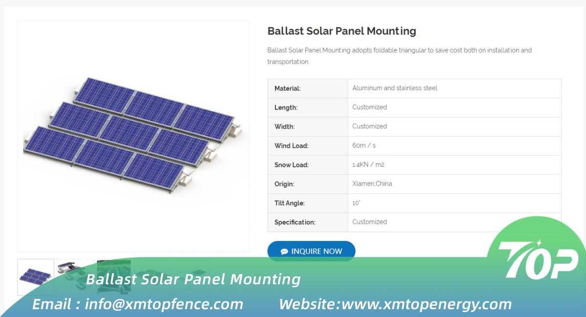 LIJUANYU4's tweet image. 🌟 New Product: Ballast Solar Panel Mounting

Ballast Solar Panel Mounting is relatively easy to install and can be done quickly, which can reduce the installation time and labor costs.

📬 Email : info@xmtopfence.com

🔗 Website: xmtopenergy.com

 #solarmountingsystems