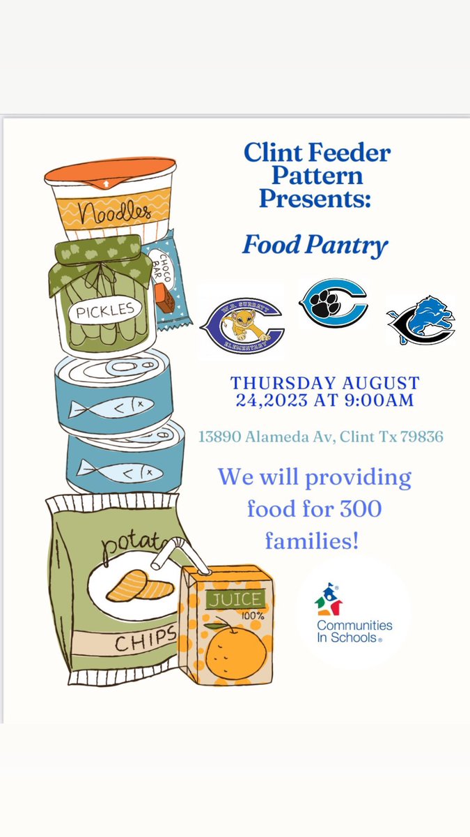 CisClint's tweet photo. Donโt forget Tomorrow at 9am Clintโs food pantry ๐ฆ @ClintHSLions @SurrattCubs @ClintJHS
#weareclint #ciselpaso #chs #golions https://t.co/ONhFU7MRib