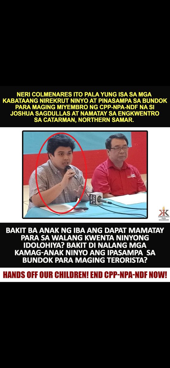 Tinatawagan po namin ng pansin si Neri Colmenares <a href="/ColmenaresPH/">Neri Colmenares⚖️ #BayanMunaPartylist</a>, Ka Neri, ano po ang ginawa ninyong hakbang na matapos mapatay si Joshua Sagdullas sa isang ingkuwentro ay nanahimik na kayo... Wala na po ba kayong malasakit pagkatapos ng nangyari? 
👇