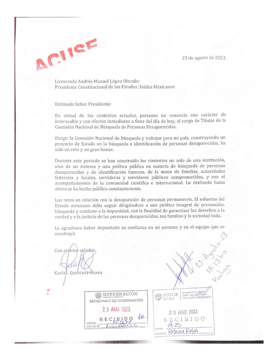Hoy he presentado al Presidente mi renuncia al cargo de Comisionada Nacional de Búsqueda de Personas. 

Dirigir la CNB, trabajar para mi país y para las personas desaparecidas y sus familias, construyendo un proyecto de Estado, ha sido un gran honor.