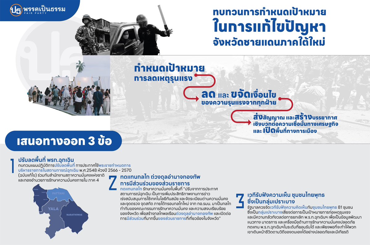 nolkannavee's tweet photo. ประเด็นในการหารือของผมวันนี้ เป็นเรื่อง #ปาตานี ครับ

สมัยที่ผมเล่นทวิตเตอร์แรกๆ ผมเคยเล่าให้ฟังเกี่ยวกับความไม่ปกติที่ถูกทำให้เป็นปกติในพื้นที่ปาตาน��� ภายใต้การกดทับโดยกฎหมายพิเศษกว่า 19 ปี 

“ความรู้สึก” ของการต้องอยู่ภายใต้สภาวะแวดล้อมที่ไม่ปกติมาตลอด 19 ปี ลองนึกภาพว่านั่นเป็นบ้านของท่าน มีเจ้าหน้าที่ถืออาวุธครบมือมาในตลาดสดที่ท่านกำลังจับจ่ายใช้สอย ถืออาวุธครบมือเดินอยู่หน้าโรงเรียนอนุบาลของลูหท่าน เห็นรถถังคันใหญ่วิ่งกันราวเป็นเรื่องทั่วไป บนท้องถนนสายหลักของสามจังหวัดชายแดนภาคใต้
 
พื้นที่ชายแดนเป็นพื้นที่เศรษฐกิจสร้างรายได้ คนมาเลเซียเขาอยากมาเที่ยวเมืองไทย ทานอาหารและผลไม้ไทย เที่ยวทะเลบ้านเรา รวมไปถึงร่วมลงทุน ประกอบการ และค้าขายกับพี่น้องที่ชายแดนใต้ เพราะพวกเขามีภาษา วัฒนธรรม อัตลักษณ์พื้นฐานร่วมกัน และมีสายสัมพันธ์ระหว่างประชาชนกับประชาชนต่อเนื่องกันมายาวนาน ในลุ่มอารยธรรมร่วมที่เราเรียกกันว่า โลกนูซันตารา
 
สิ่งนี้คือต้นทุนอันล้ำค่าอย่างยิ่งของประเทศไทย ของพวกเราทุกคน ที่ต้องหนุนเสริมให้งอกงาม และให้พี่น้องของเราในจังหวัดช���ยแดนภาคใต้ภูมิใจที่ได้เป็นเจ้าของบ้านหลังใหญ่แห่งนี้ร่วมกันกับพี่น้องในภาคอื่นๆ อย่างสมเกียรติ มีศักดิ์ศรี
 
ผมขอเสนอให้ท่านนายกรัฐมนตรี ในฐานะประธานสภาความมั่นคงแห่งชาติ ทบทวนการกำหนดเป้าหมายในการแก้ไขปัญหาจังหวัดชายแดนภาคใต้ใหม่ 

วันนี้เราต้องขยับจากเป้าหมายการลดเหตุรุนแรงไปเป็นการลดและขจัดเงื่อนไขของความรุนแรงจากทุกฝ่ายได้แล้ว เพื่อส่งสัญญา���และสร้างบรรยากาศเชิงบวกต่อความเชื่อมั่นทางเศรษฐกิจและการ���ปิดพื้นที่ทางการเมืองสำหรับการแสวงหาทางออกจากความขัดแย้งอย่างสันติของผู้มีส่วนได้ส่วนเสียทุกฝ่ายร่วมกัน
 
โดยมาตรการแรกสุดเพื่อตอบเป้าหมายใหม่นี้ คือ การยกเลิกกฎหมายพิเศษทั้ง 3 ฉบับ ที่ส่งผลต่อกระทบภาพลักษณ์ความมั่นคงของประเทศโดยตรง อย่างค่อยเป็นค่อยไป และไม่ทิ้งคนกลุ่มใดไว้ข้างหลัง
 
ผมเสนอให้เริ่มต้นด้วยการยกเลิกการบังคับใช้พระราชกำหนดการบริหารราชการในสถานการณ์ฉุกเฉิน พ.ศ.2548 คงไว้
เพียงการบังคับใช้พระราชบัญญัติการรักษาความมั่นคงภายในราชอาณาจักร พ.ศ.2551 ในระยะแรกตั้งต้นนี้ โดยมีแนวทาง 3 ข้อ คือ
 
1. ทบทวนแผนปฏิบัติการปรับลดพื้นที่การประกาศใช้พระราชกำหนดการบริหารราชการในสถานการณ์ฉุกเฉิน พ.ศ.2548 ห้วงปี 2566 - 2570 (ฉบับแก้ไข) ร่วมกับสำนักงานสภาความมั่นคงแห่งชาติ และกองอำนวยการรักษาความมั่นคงภายใน ภาค 4 เพื่อให้การลดพื้นที่ประกาศสถานการณ์ฉุกเฉินรายอำเภอ ซึ่งมีอยู่ตามแผนอยู่แล้ว เดินหน้าด้วยความเร็วที่เพิ่มขึ้น
 
2. ทดแทนกลไกรักษาความมั่นคงในพื้นที่ที่ปรับออกจากการประกาศสถานการณ์ฉุกเฉินโดยเพิ่มประสิทธิภาพงานการข่าว เร่งสนับสนุนการใช้เทคโนโลยีทันสมัย และจัดระเบียบด่านความมั่นคงและจุดตรวจ จุดสกัด ภายใต้กรอบกลไกใหม่ จาก กอ.รมน. มาเป็นกลไกกำกับของคณะกรรมการรักษาความมั่นคงและความสงบเรียบร้อยของจังหวัด เพื่อสร้างกลไกพลเรือนถ่วงดุลอำนาจกองทัพ และเปิดต่อการมีส่วนร่วมที่มากขึ้นของส่วนราชการที่เกี่ยวข้องในจังหวัด
 
3. ต้องยอมรับว่า การดำเนินการเรื่องนี้ย่อมสร้า���ความกังวลให้กับกลุ่มพี่น้องไทยพุทธในพื้นที่ และเราทอดทิ้งเพิกเฉยความเห็นของพวกเขาไม่ได้เช่นกัน ผมเสนอว่า รัฐบาลควรจัดเวทีรับฟังความคิดเห็นกับชุมชนไทยพุทธ 81 ชุมชน ซึ่งเป็นกลุ่มเปราะบาง เสี่ยงต่อการเป็นเป้าหมายการก่อเหตุรุนแรง และมีความกลัวกังวลต่อการยกเลิก พ.ร.ก.ฉุกเฉินฯ เพื่อเป็นข้อมูลพัฒนาแนวทาง มาตรการ และเครื่องมือด้านการรักษาความมั่นคงปลอดภัยทดแทน พ.ร.ก.ฉุกเฉินฯ ในระดับที่ยอมรับได้ และเพียงพอที่จะทำให้พวกเขาเดินหน้าชีวิตตามวิถีของตนเองได้อย่างปลอดภัยและมี���กียรติ

และผมขอร่วมผลักดันญัตติที่ 3 พรรค (กก ภจท ปชช) เสนอเรื่องการแก้ไขปัญหาจังหวัดชายแดนภาคใต้ในการตั้งคณะกรรมาธิการวิสามัญโดยเร็ว เพื่อการสร้างสันติภาพที่คนในพื้นที่ปาตานีรอคอยมาอย่างยาวนานครับ