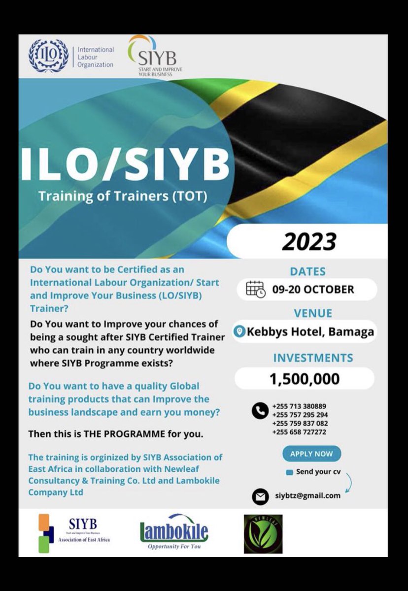 Are you ready to become the next SIYB Certified Trainer?

SIYB helps Small scale Entrepreneurs to start and grow their business to create employment

Send your CV to: siybtz@gmail.com

 #smallbusiness #training #trainingoftrainers #entrepreneurship #BDSPS #BDS #entrepreneur #siyb