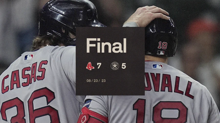 Final score graphic. Red Sox 7, Astros 5. Image shows Triston Casas greeting Adam Duvall at home plate following Duvall's home run.