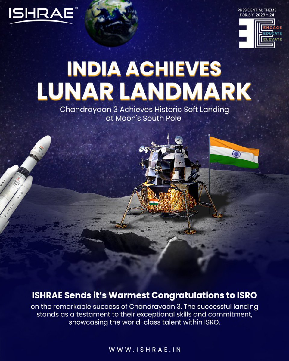ishraehq's tweet photo. ISHRAE Sends it's Warmest Congratulations to ISRO. ๐จโ๐ฌ๐ฉโ๐ฌ
Chandrayaan 3 Achieves Historic Soft Landing ๐
#chandrayaan3 #isromissions #isroindia #isro #Ishrae #iamishrae #myishrae #ashrae #myashrae #ishraechapters #hvac #hvacr #sciencefacts #moonlanding #indiagram #india https://t.co/hWduOkRBpA