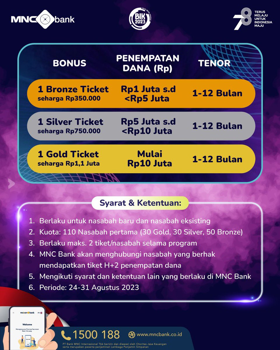 MNCBank's tweet photo. DAPAT TIKETNYA NIH!
Yess, dapatkan tiket LMAC MUSIC FORALL FEST 2023 cukup buka Deposito Motion di MotionBank sesuai ketentuan! Serbuuuu!
Berlaku s.d 31 Agustus 2023
☎️ 1500188 | https://t.co/j6lwNRAaFT
#MNCBank #MotionBank #FutureBankingHere #BonusTiketLMAC https://t.co/EPjEliVAOG