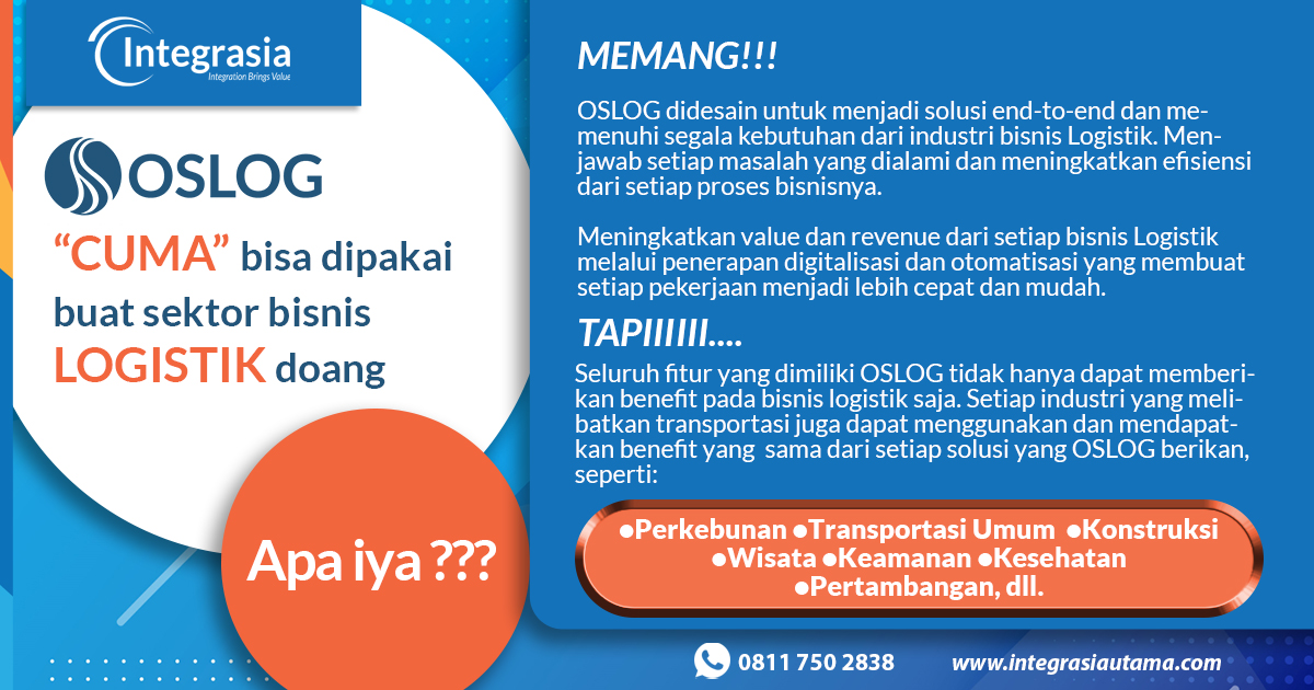 integrasiautama's tweet photo. OSLOG bukan cuma untuk logistik saja!!
Segala benefit yang dapat diberikan OSLOG pada bisnis logistik melalui bermacam fitur yang diberikan, tidak hanya dapat dirasakan pada bisnis logistik saja, melainkan berbagai industri lain yang melibatkan transportasi dalam proses bisnisnya https://t.co/wZxxo66CIU