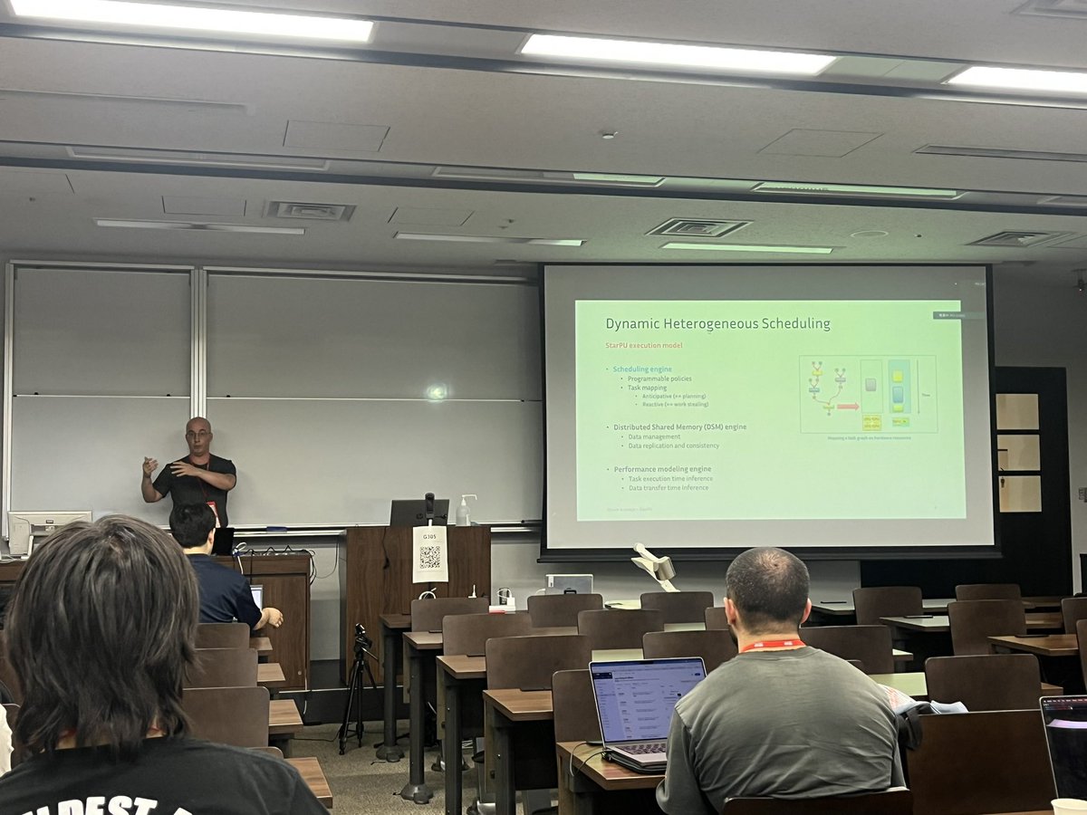 HatemLtaief's tweet photo. Olivier Aumage from @Inria_Bordeaux presenting key aspects of #StarPU dynamic runtime system at #ICIAM23.

Many heuristics are needed to estimate kernel performance on a given hardware platform and make the right decision at runtime.

#HPC 🇫🇷 https://t.co/HC0mzCJ6lR