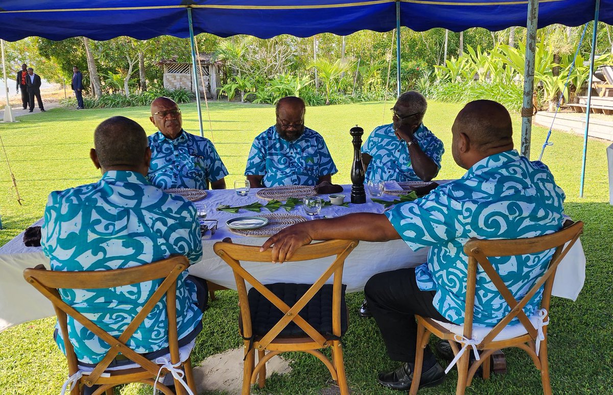 slrabuka's tweet photo. Toktok and talanoa during the #MSG2023 Leaders Retreat at the Havana Boat House in North Efate, Vanuatu. @AlatoiM @ManassehSogava1 @jamesmarapepng https://t.co/i3LRMGLqjF