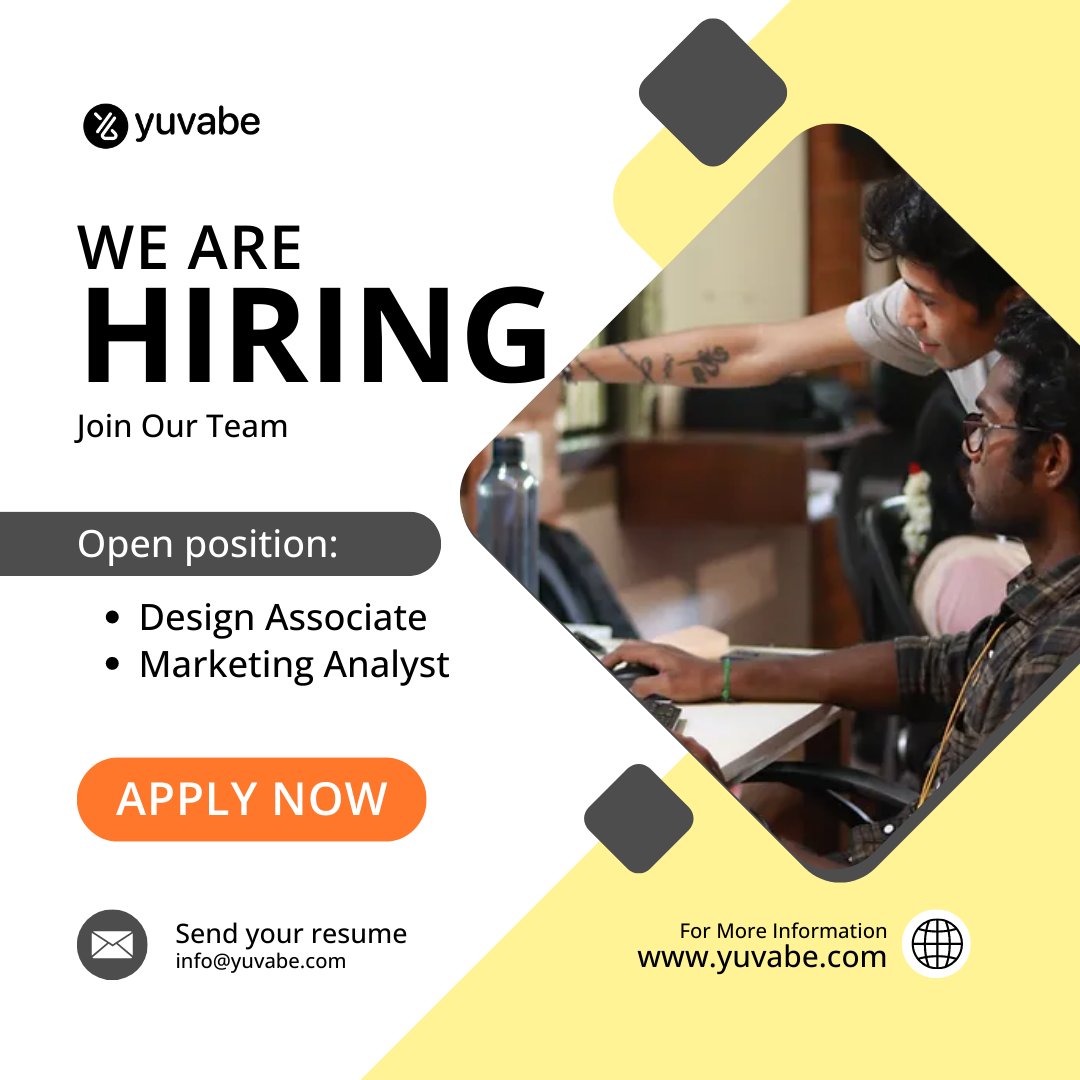 #Yuvabe invites skilled #designassociates with a passion for #impact. Eager to make a difference? Share your resume at info@yuvabe.com

#workserveevolve #WSE #youthempowerment #holisticdevelopment #changemakers #evolve #courage #care #creativity #change #hiring #joinus #joinusnow