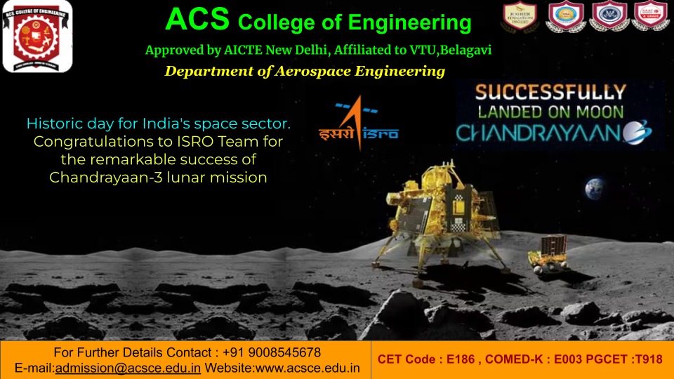 acscebangalore's tweet photo. We are on the #Moon📷.
Glad to follow the historic landing of #Chandrayan_3 on the moon! A proud moment for our Mother #India!!
ACS College of Engineering #ACSCE Dept of #Aerospace_Engineering Congratulations to #ISRO - Indian Space Research Organisation for a successful landing. https://t.co/dq0MosETv7