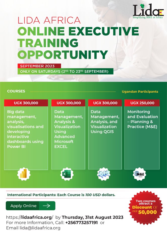 Lida_Africa's tweet photo. Hello, Twitter family 🖐🖐 We have got exciting NEWS!!!

Our September online executive training

We are running four (4) skills-based Executive courses this September 2023.
📌 Big data management, analysis, visualizations, and developing interactive dashboards using Power BI https://t.co/ezPAnu3eB7