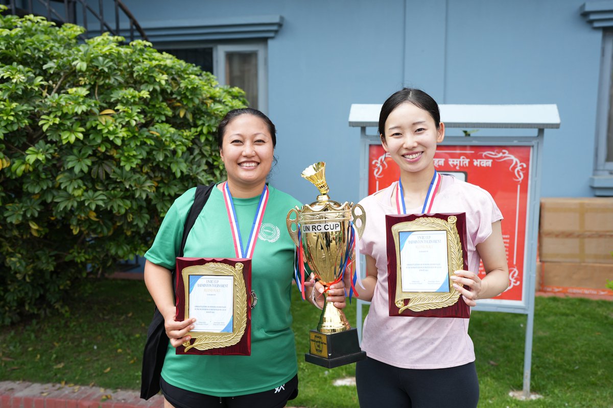 UNOPS_Nepal's tweet photo. Celebrating the smashing victory of #TeamUN at the 1st #UNRCCup! Kudos to the Staff Association & #HRTaskForce for championing staff wellbeing via sports.
Congratulations to our colleagues Misuzu Goto & Prema Sunuwar, 1st runners-up in women's doubles badminton.๐ธ๐ฅ๐
#UNSports https://t.co/FpxtgqXVMr