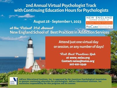 neiastraining's tweet photo. Psychologists: Space available in Virtual Psychologist Track courses with psychologist CE hours - Register for a virtual course(s) - 1 course, or multiple sessions!
At Virtual 31st New England School of Best Practices in Addiction Services. Full info:
https://t.co/mgS7ZIFD0M https://t.co/t2d7fPfJkP