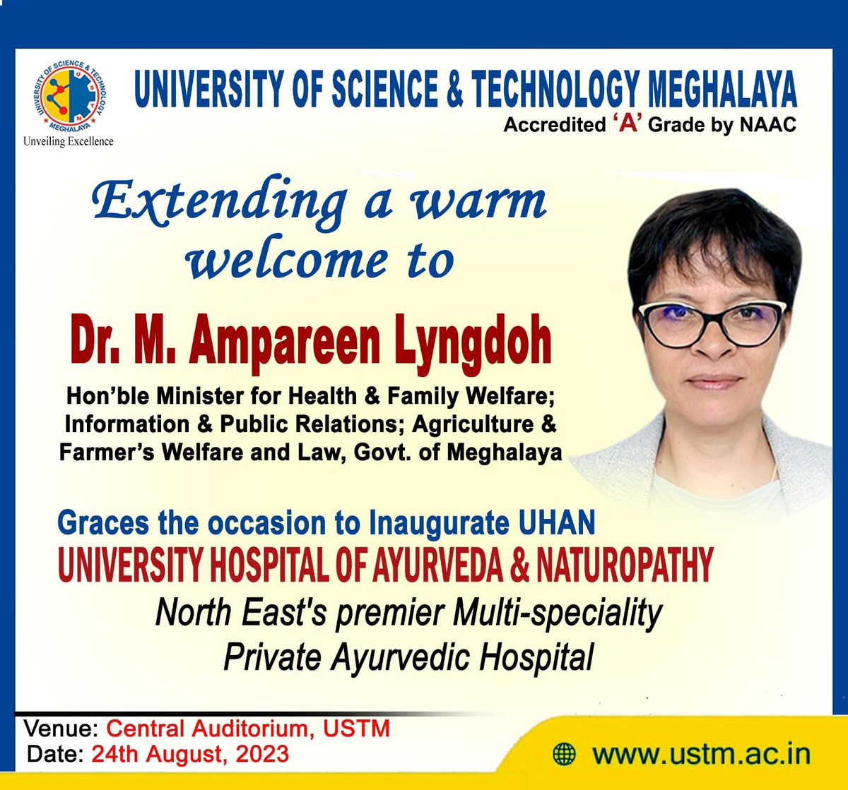 ustm_A's tweet photo. Join us in 𝐞𝐱𝐭𝐞𝐧𝐝𝐢𝐧𝐠 𝐚 𝐰𝐚𝐫𝐦 𝐰𝐞𝐥𝐜𝐨𝐦𝐞 𝐭𝐨 𝐃𝐫. 𝐌 𝐀𝐦𝐩𝐚𝐫𝐞𝐞𝐧 𝐋𝐲𝐧𝐠𝐝𝐨𝐡, as she graciously inaugurates UHAN – the premier multi-speciality private Ayurvedic Hospital in the North East. A new era of holistic healthcare begins! #UHAN #ayurveda https://t.co/bIuvNjcODu