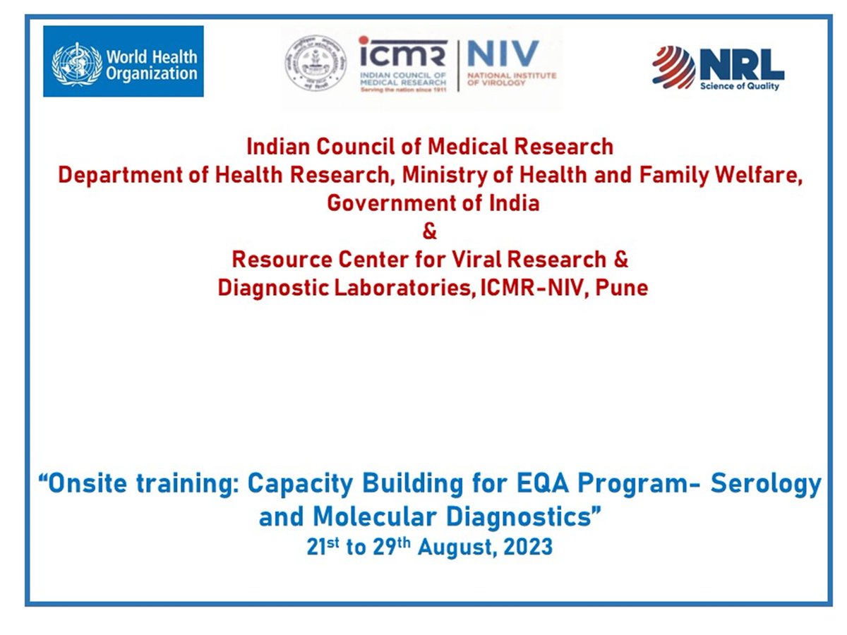icmr_niv's tweet photo. Onsite EQA training: Serology &amp; Molecular Diagnostics is being conducted at RCVRDL, ICMR-NIV, Pune, in collaboration with NRL, Australia, from Aug 21-29, 2023, involving participation by 17 institutes. Thanks to @ICMRDELHI, @WHOSEARO &amp; @NRLScience @subtiLIZAtion #SandyWalker #EQA https://t.co/bc2wQJm7SA