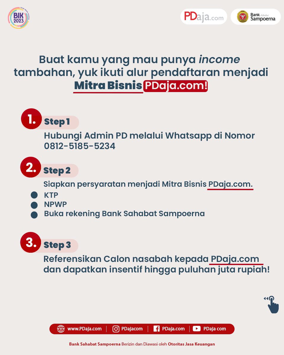 PDajacom's tweet photo. Hi PD People, siapa yang disini mau punya income tambahan tanpa ganggu kerjaan utama? Cungg angkat tangan??? 

Langsung aja gabung jadi Mitra Bisnis https://t.co/96bXOSlzl5 sekarang juga! Info seputar kemitraan cek website kami di https://t.co/hSacAhCrXO  

#PDajaDulu https://t.co/Y2ioAzXC7B