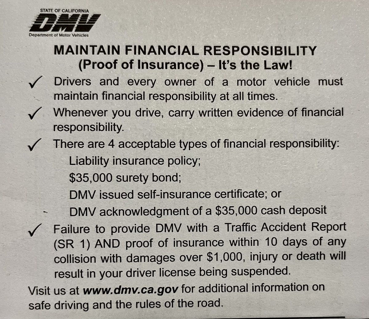 CAFarmersDtr's tweet photo. Renewed my CA motor vehicle registration. This insert comes with the new plate sticker. Is there anywhere in the US where gun users are required to have anything akin to the required financial responsibility for driving a car? π€ @RepThompson #ProofOfInsurance https://t.co/eUcU3iArE8