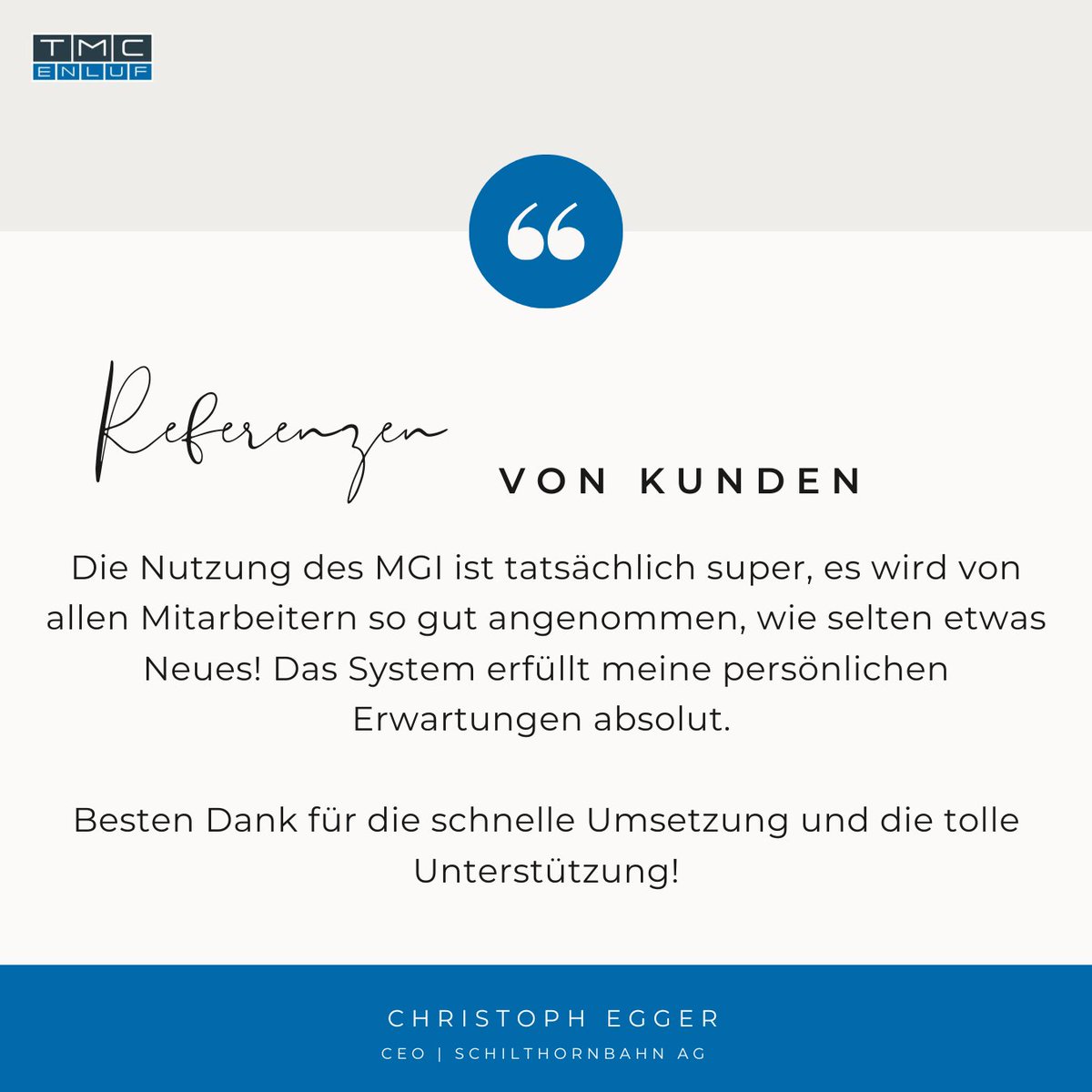 Vielen Dank an Christoph Egger, CEO der Schilthornbahn AG, für das positive Feedback zur Integration der Beekeeper-Kommunikations-App mit TMC Enluf. 
Das Vertrauen unserer Kunden in unsere Umsetzung und Unterstützung bedeutet uns sehr viel! 🤩🚀🙌

#TMCEnluf  #MitarbeiterApp