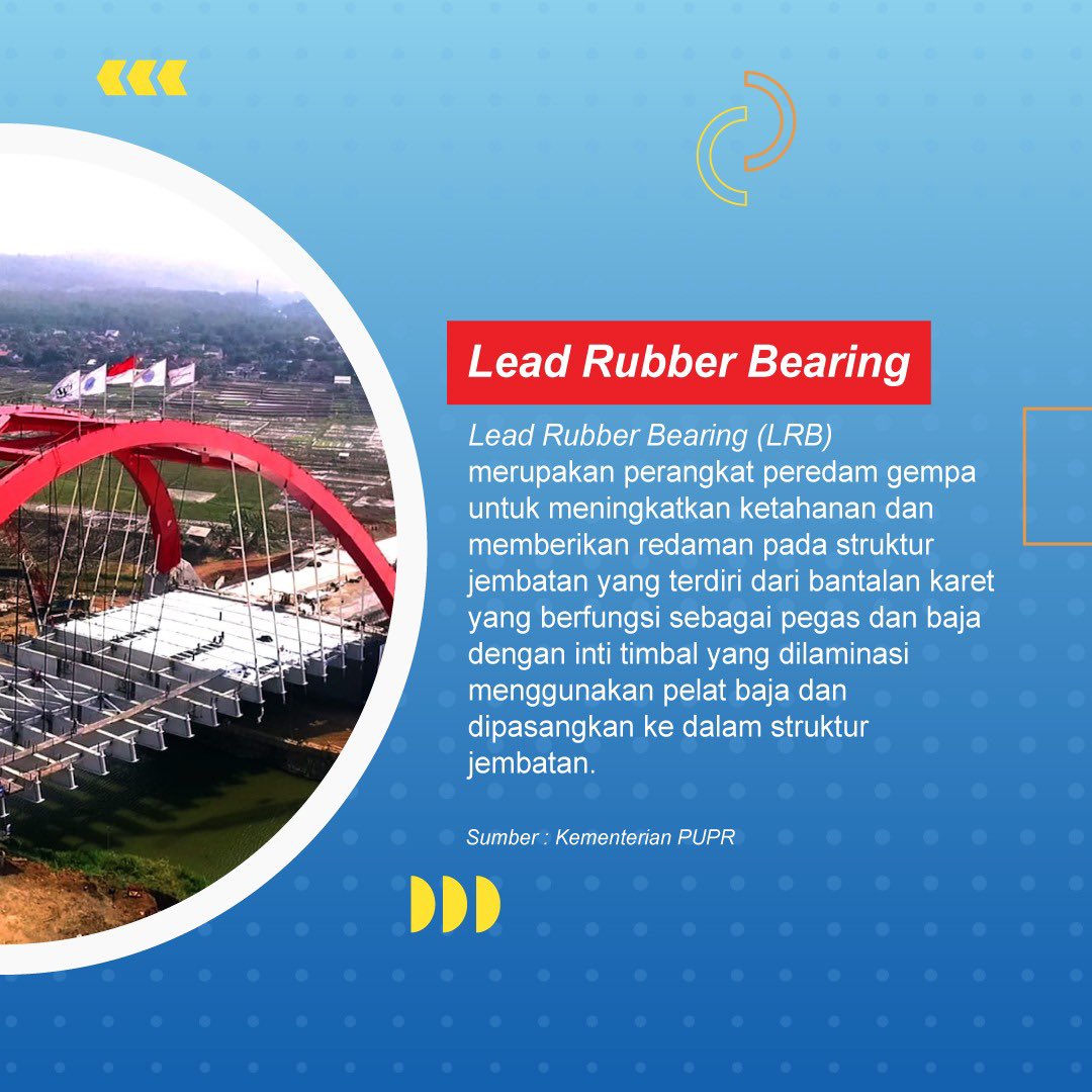 NusantaraInfra's tweet photo. Hi, Sobat Nufra!
Tahukah kalian? Ternyata saat ini terdapat teknologi peredam gempa atau yang dikenal dengan istilah Lead Rubber Bearing (LRB).
#InfrastrukturCepat #NusantaraInfrastructure #TollRoad #Infrapedia #JalanTol #LRB #ApaituLRB #LeadRubberBearing #PeredamGempa https://t.co/5VRuVgqhIK