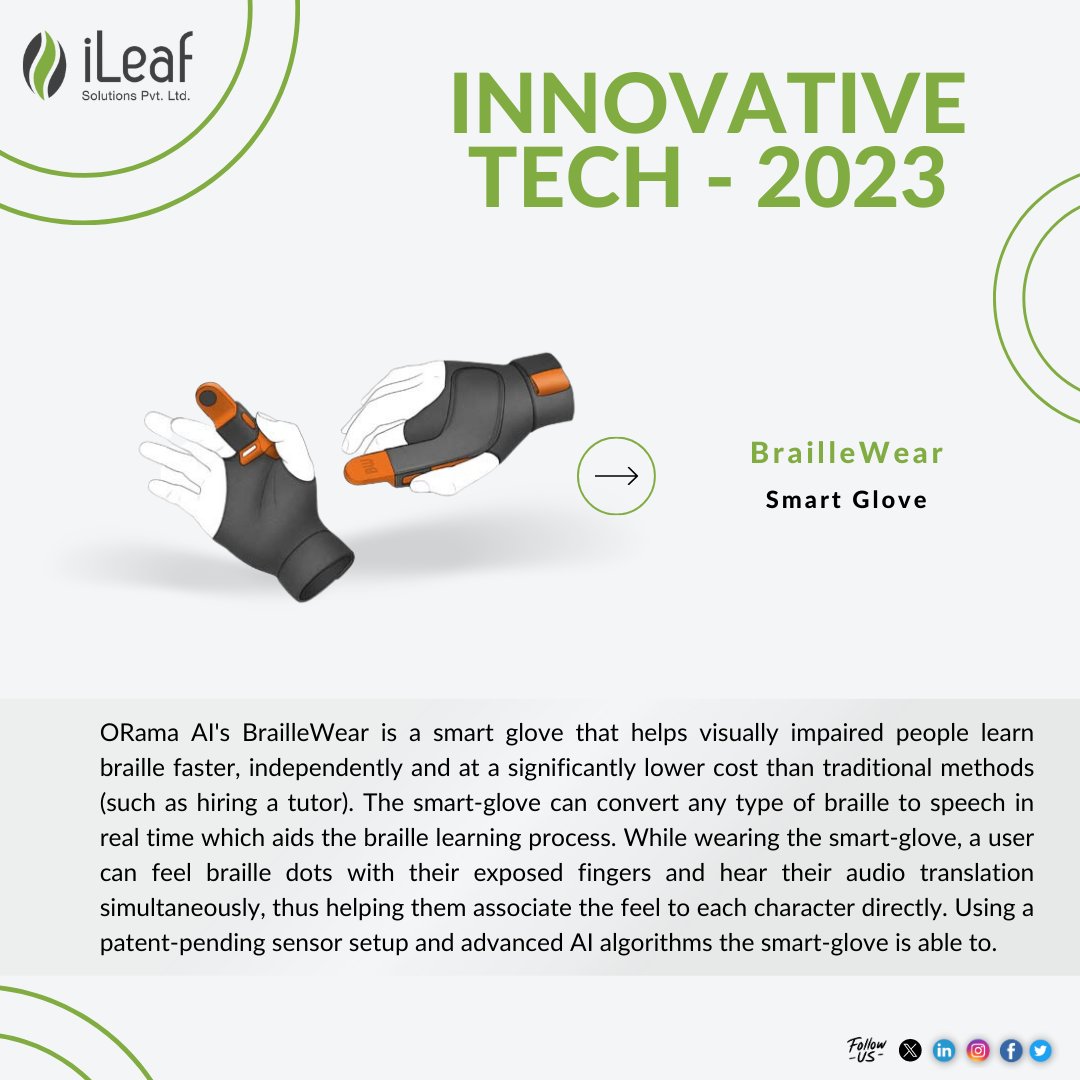 iLeafSolutions's tweet image. Empowering Independence: Introducing BrailleWear, the revolutionary smart glove by ORama AI. Bridging accessibility gaps, this innovative glove accelerates braille learning for the visually impaired.

#BrailleWear #InclusionTech #AIforAccessibility #EmpoweringIndependence