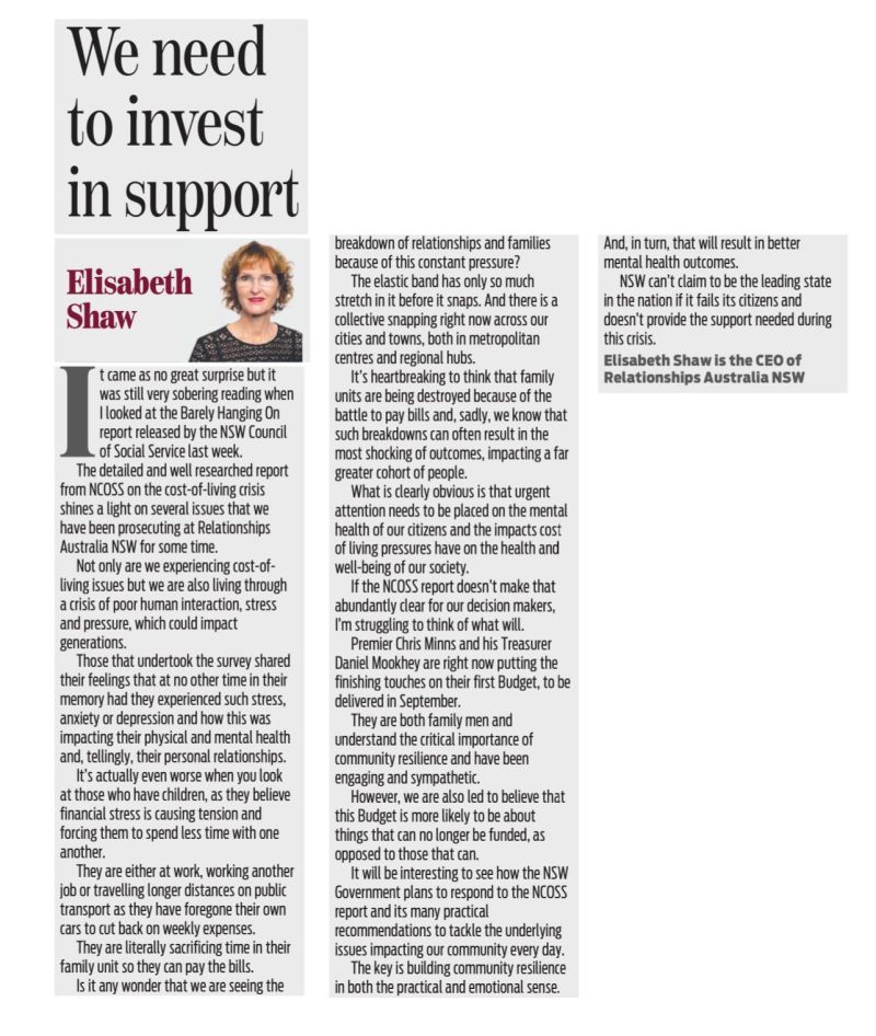 Fantastic op piece fr Elisabeth Shaw CEO Relationships Aus NSW, drawing on NCOSS 'Barely Hanging On' research. Powerful perspective on the impact of cost-of-living crisis on relationships: 'the elastic band has only so much stretch in it before it snaps'. ow.ly/zRZc50PCJ4Y