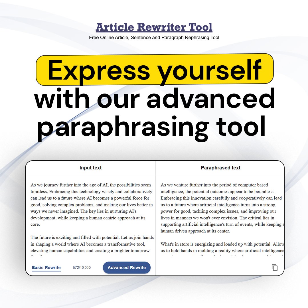 rewritertool's tweet image. Your Thoughts, Your Voice, Our Tool 🔊🖊️
#ExpressUnique #paraphrasingtool #exploremore #aitool #ExpressWithEase #ExpressYourself #SpeakLouder #ParaphraseMagic