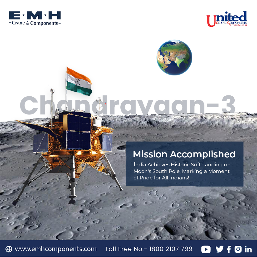 EMH_Crane's tweet photo. Chandrayaan-3 has successfully soft-landed on the moon π! Congratulations, ISRO and Team behalf of EMH Crane and Components.
.
.
.
#EngineeredMaterialHandling #indiaonmoon #isro #isromissions #isroindia #indian #chandrayaan3 #chandrayanlanding #chandrayaan3landing #chandrayaan3 https://t.co/d4oEJfarXW