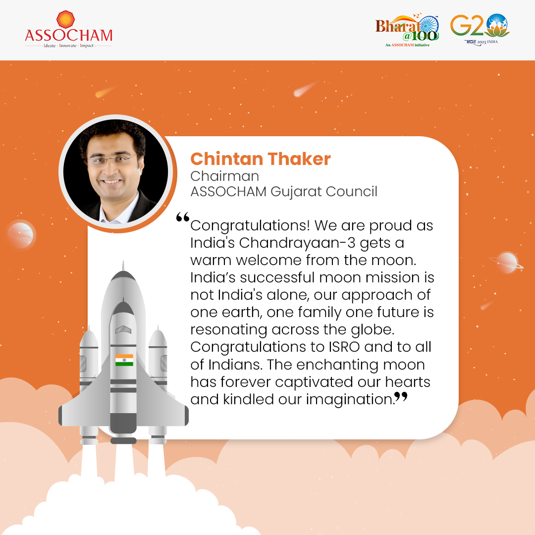 ASSOCHAM4India's tweet photo. Congratulations to @ISRO and to all Indians! 🇮🇳 We stand with pride as India’s #Chandrayaan3 🚀receives a celestial embrace from the moon.

@g20org, @Chintan771, @incredibleindia, @PMOIndia

#ISRO #PrideOfTheNation #IndiaOnTheMoon #India #ASSOCHAM #DevelopedNation https://t.co/2npMtYEGjg