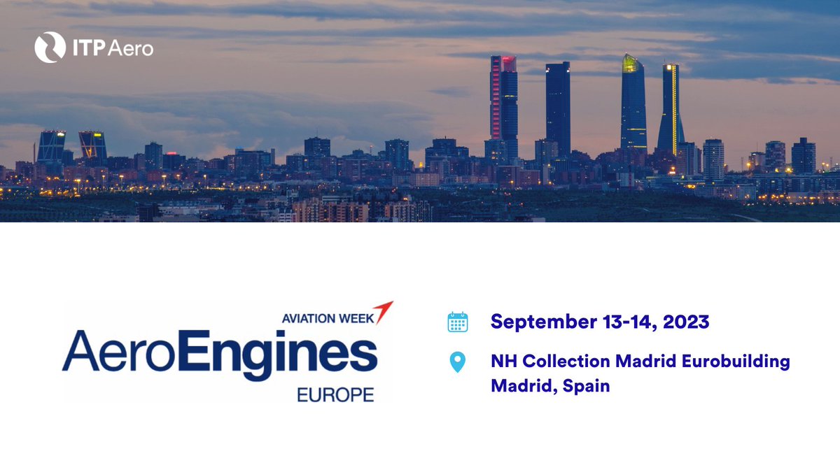 Los días 13 y 14 de septiembre participaremos en la próxima edición de Aeroengines Europe, un evento líder en la industria impulsado por @AviationWeek que tendrá lugar en Madrid. ¡Os esperamos! #AEEUR #AviationWeek