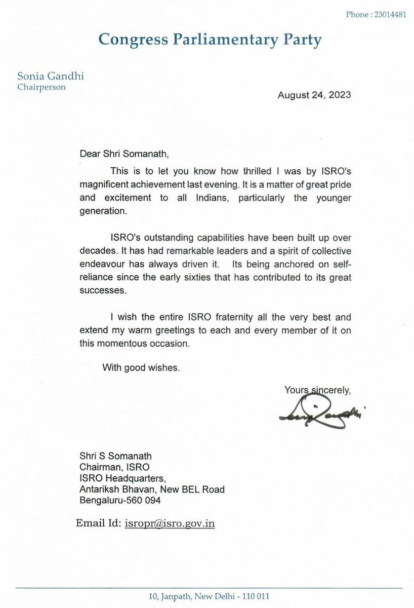 CPP Chairperson Smt. Sonia Gandhi Ji extends her heartfelt congratulations to the dedicated team at ISRO.

Here is her letter to the Chairman of ISRO, Shri S. Somanath.