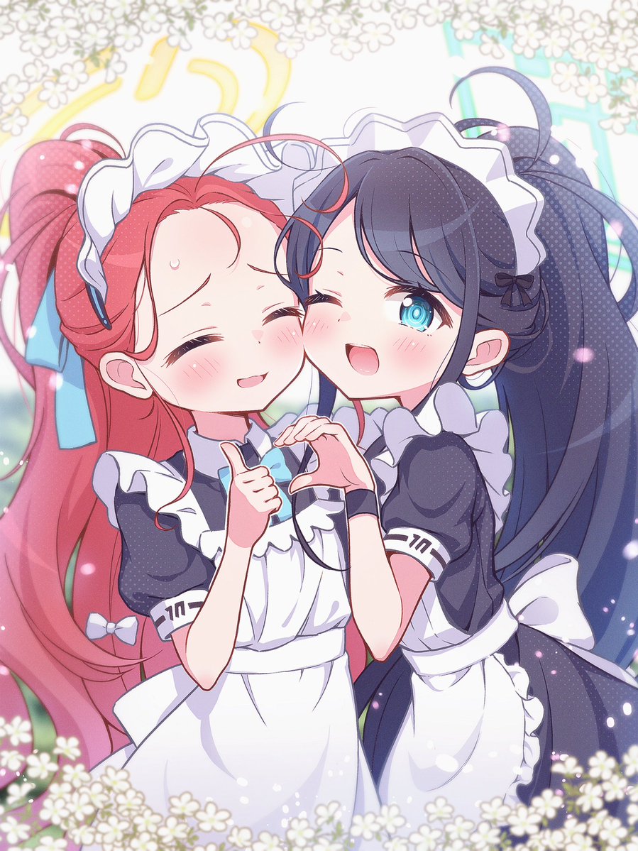 aris (blue archive) ,aris (maid) (blue archive) ,yuzu (blue archive) multiple girls cheek-to-cheek 2girls heads together apron maid one eye closed  illustration images