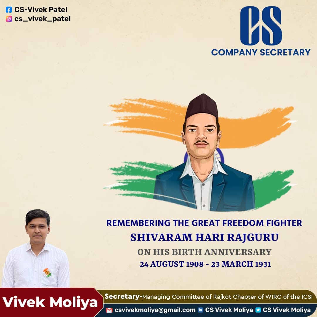 CsMoliya's tweet photo. *Shivaram Rajguru (1908-1931) was a great Indian freedom fighter who played a major role in the India's struggle for Independence.

* On March 23, 1931, the three brave revolutionaries were hanged, whilst their bodies were cremated on the banks of the River Sutlej. https://t.co/LcLHhFI9OS