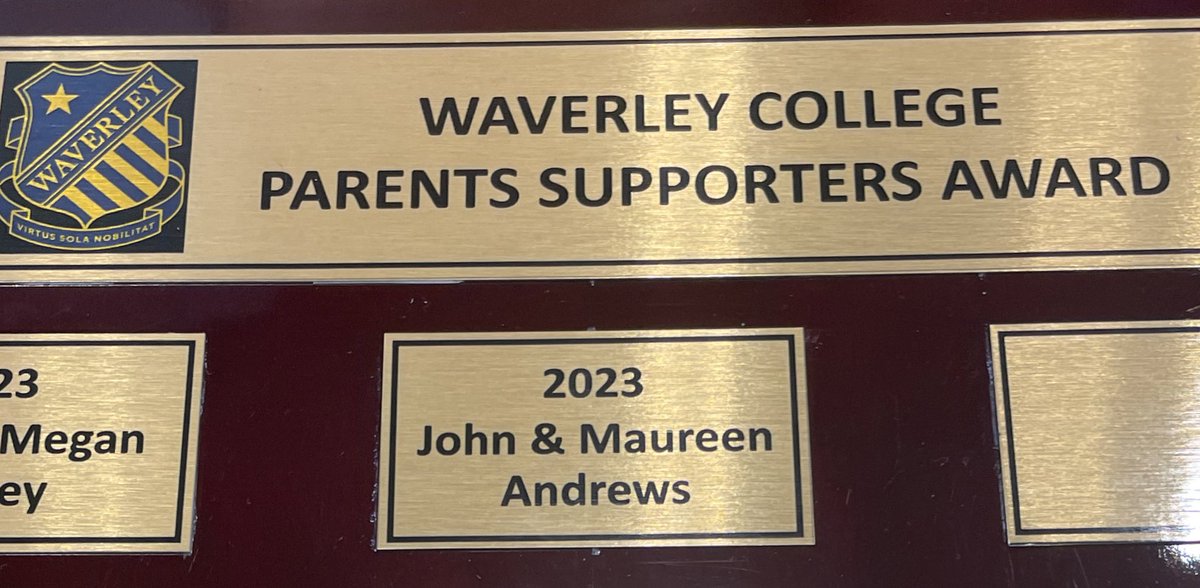 theonlygirlhere's tweet photo. Very humbled by hubby & I being awarded, along with our good friends, the inaugural Parents Supporters Award from @waverleycollege Never thought I’d be immortalised on the wall at QP! #collegeofknowledge #volunteering https://t.co/8CMTow895i