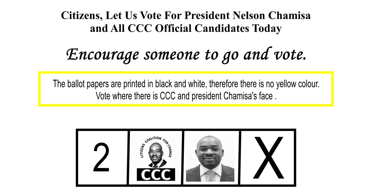 ChangeRadioZW's tweet photo. Citizens, Let Us Vote For President Nelson Chamisa
and All CCC Official Candidates Today

Encourage someone to go and vote.

The ballot papers are printed in black and white; therefore, there is no yellow colour. Vote where there is CCC and president Chamisa's face.