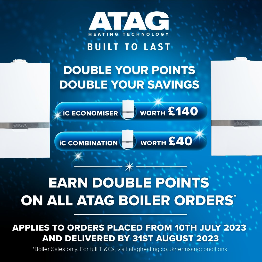atagheating's tweet photo. PSA📣 You have only 1 week left to get your ATAG boiler orders in and invoiced to receive double points in our summer promotion! 

For every boiler invoiced up until the 31st August you will receive DOUBLE points across our ENTIRE boiler range! 

#ATAG #ATAGHeating https://t.co/Ii7iSi1VrK