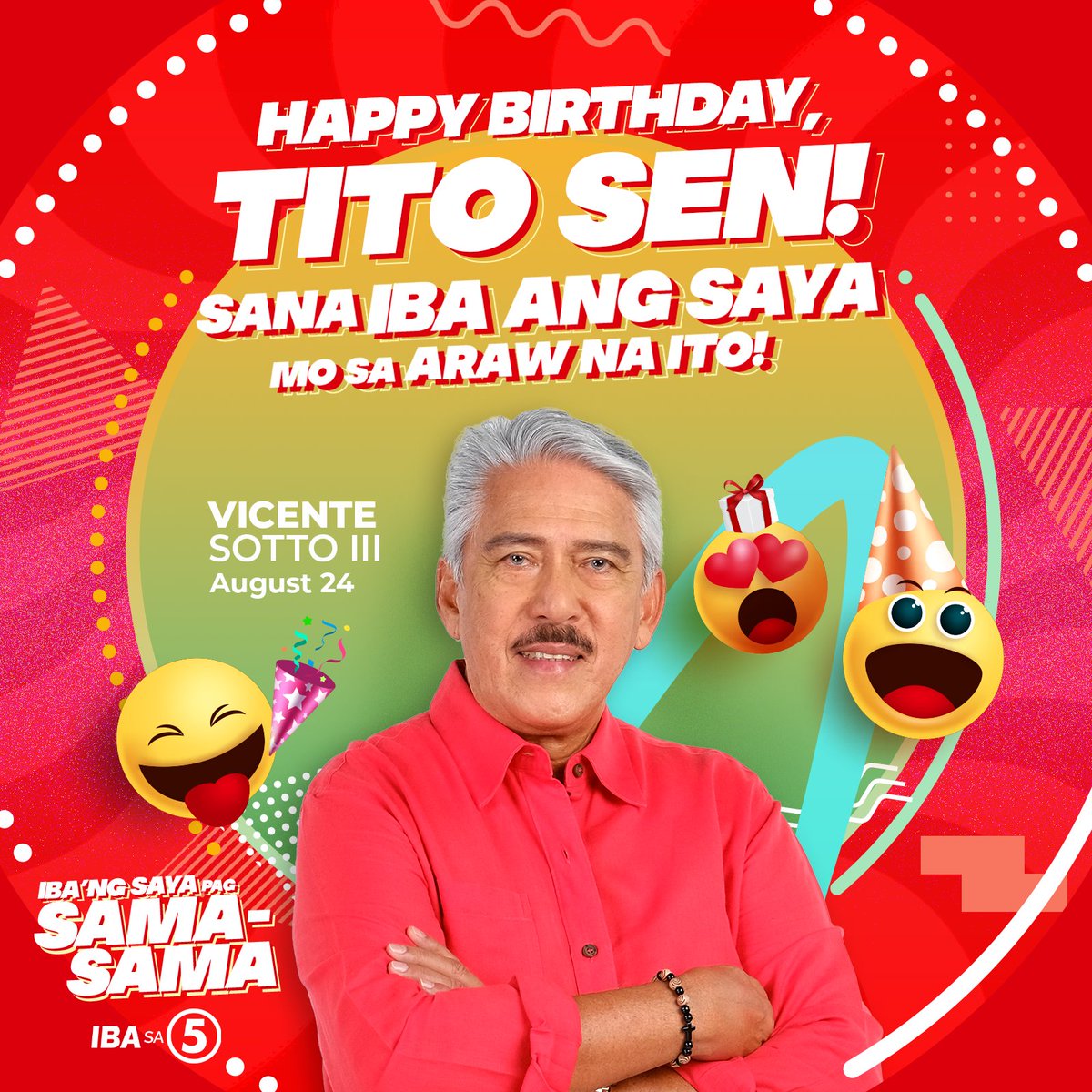 TV5manila's tweet photo. Happy Birthday, Tito Sen! Maraming salamat sa isang libo't isang tuwa na patuloy niyong ibinibigay sa amin! 🥳

Panoorin siya kasama ang #LegitDabarkads sa #EATTV5, WEEKDAYS | 12NN &amp; SATURDAYS | 11:30AM sa #LunchtimeSayaTV5!  

#IBAngSayaPagSamaSama
#TVJonTV5
#TVJMediaQuest https://t.co/M2hVoaJNsC