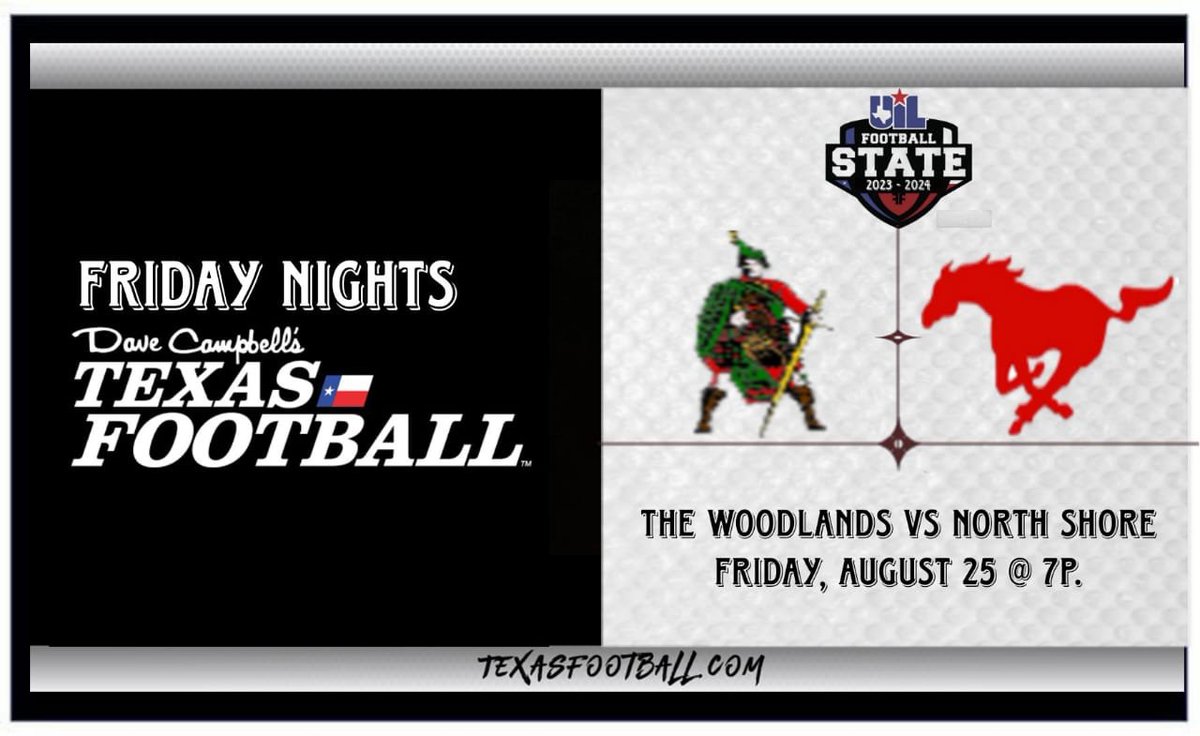 Dave Campbell's Texas Football—TexasFootball.com (@oficialdctf) on Twitter photo It's GAME WEEK🏈
North Shore Vs. The Woodlands | Texas Football 2023 Game: bit.ly/texasfootball_…
on Friday, August 25 @ 7p.
<a href="/NSSH_Mustangs/">North Shore Sr. High</a> <a href="/NSNationFB/">The Nation of NS</a> <a href="/CoachHerridge/">Kyle Herridge</a> <a href="/RecruitEastside/">Recruit North Shore</a> <a href="/twhfootball/">Highlander Football</a> <a href="/HunterWillQB/">Hunter Williams ✞</a> <a href="/dycarpenter24/">Dylan Carpenter</a> @D1JabaricS <a href="/jamarhardy23/">Jamar Hardy</a> It's GAME WEEK🏈
North Shore Vs. The Woodlands | Texas Football 2023 Game: bit.ly/texasfootball_…
on Friday, August 25 @ 7p.
<a href="/NSSH_Mustangs/">North Shore Sr. High</a> <a href="/NSNationFB/">The Nation of NS</a> <a href="/CoachHerridge/">Kyle Herridge</a> <a href="/RecruitEastside/">Recruit North Shore</a> <a href="/twhfootball/">Highlander Football</a> <a href="/HunterWillQB/">Hunter Williams ✞</a> <a href="/dycarpenter24/">Dylan Carpenter</a> @D1JabaricS <a href="/jamarhardy23/">Jamar Hardy</a>