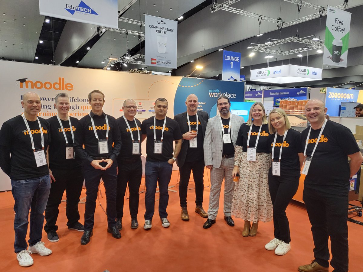 moodle's tweet image. Day 1 at EduTech Australia 2023! Stop by today or tomorrow for a coffee and say hello to one of these friendly Moodlers ☕️🎓 #EduTECHAU @EduTECH_AU @Catalyst_IT_AU @LingelLearning @mylearningspace
